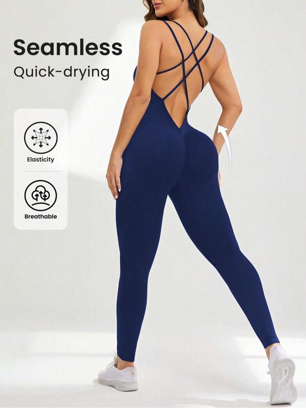 Women's Solid Criss Cross Backless Sports Cami Jumpsuit, Sporty Sleeveless Scoop Neck Tummy Control Jumpsuit for Yoga Gym Workout, Gym Clothes, Ladies Sportswear for All Seasons, Jumpsuit for Women, Minimalistic Outfit