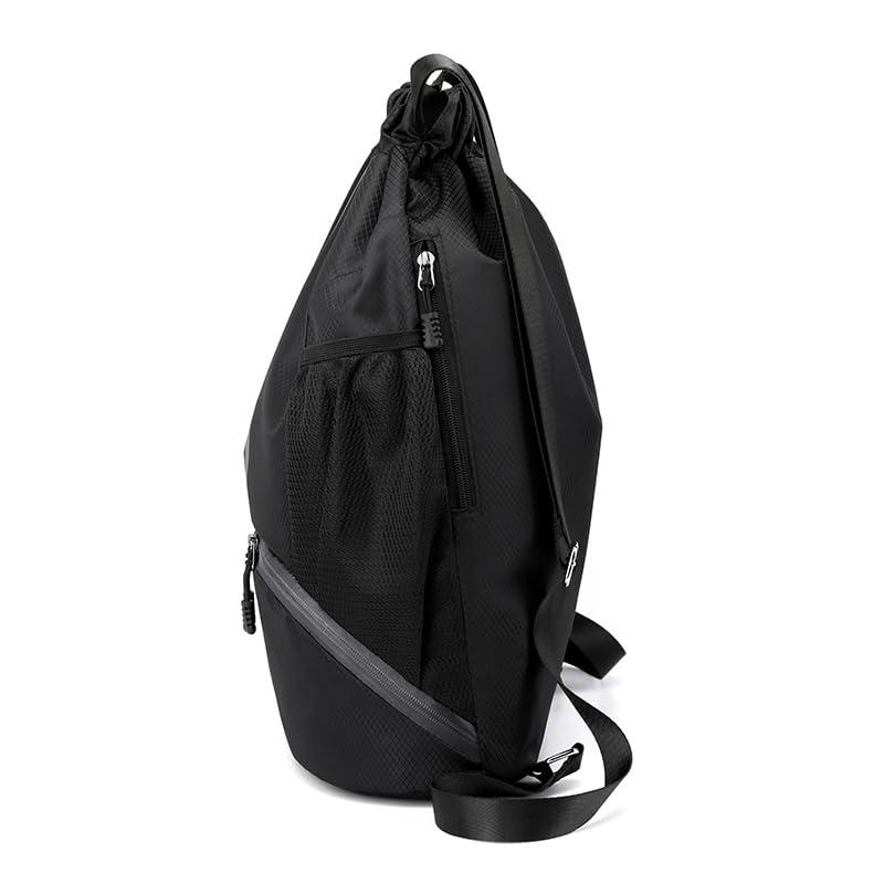 Black Drawstring Gym Bag for Men, Waterproof Drawstring Backpack for Women, Swim Bag with Shoes Compartment, Pull String Sport Bag for Soccer and Basketball.