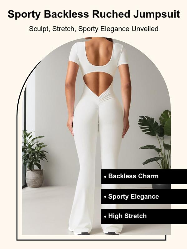 Womenswear Plain Cut Out Backless Ruched Sports Flare Leg Jumpsuit, Bodysuits for Women, Sporty Solid Square Neck Short Sleeve Jumpsuit, Ladies Sportswear for Indoor Outdoor Wear,  Jumpsuit for Women 2024