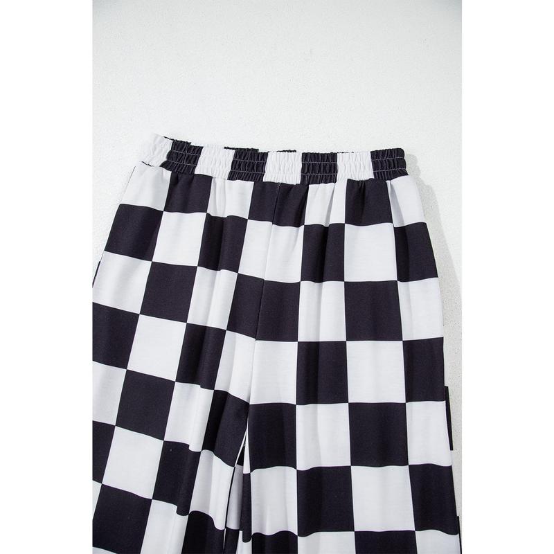 Black Checkerboard Elastic Waist Pocketed Joggers Pants