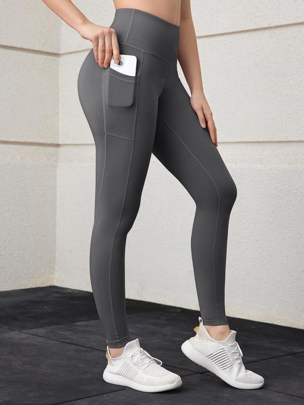 Sporty Women's Plain High Waist Pocket Sports Leggings, Solid Color Sport Skinny Pants, High Stretch Seamless Yoga Leggings, Ladies Sportswear for Indoor Outdoor Wear