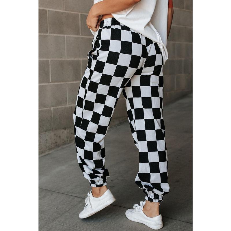 Black Checkerboard Elastic Waist Pocketed Joggers Pants