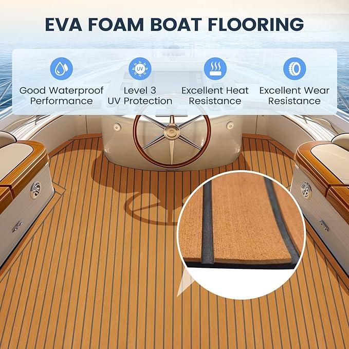 Boat Flooring EVA Foam Boat Decking Faux Teak Marine Flooring Boat Sea Deck Flooring for Yacht, Motorboat, RV, Kayak and Swimming Pool