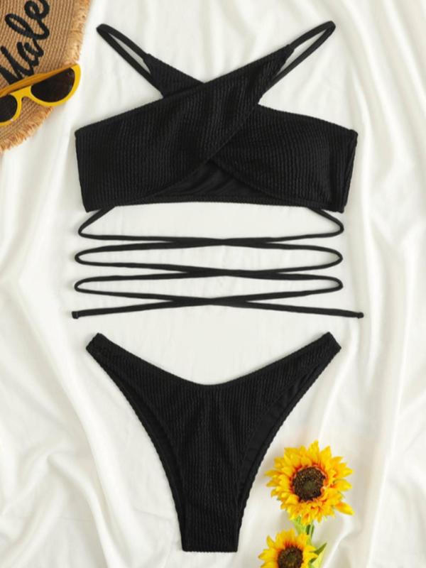 Women's Criss Cross Knot Bikini Top & High Cut Bottom Set, Sexy Textured Swim Top & Solid Bottom Swimsuit Set, Bathing Suits 2024 for Women, Bathing Suits Women, Women's Swimwear for Summer