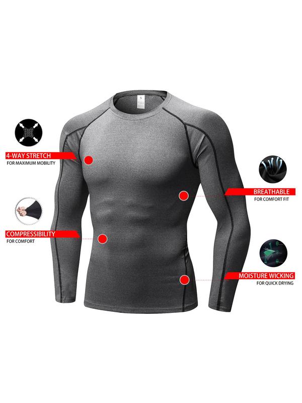 Men's 3pcs Long Sleeve Top Stitching Spring Sports Tee, Compression Shirt, Regular Fit Round Neck T-shirt, Sportswear Clothing For Indoor Outdoor Wear