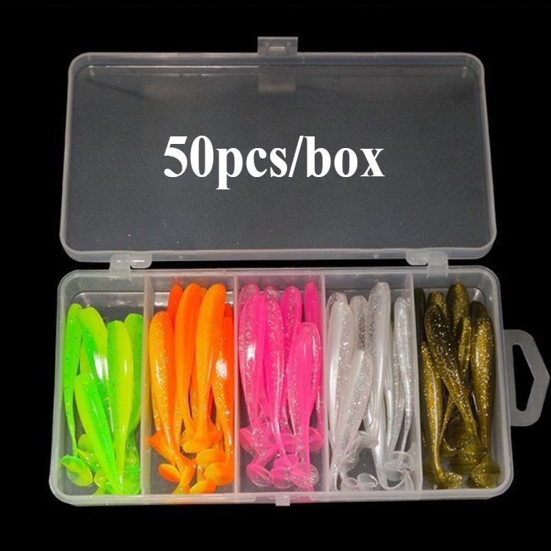 Silicone Fishing Lure Set, 25pcs 50pcs T Type Tail Double Color Fishing Lure with Round Head Hook & Portable Tackle Box, Professional Fishing Accessories