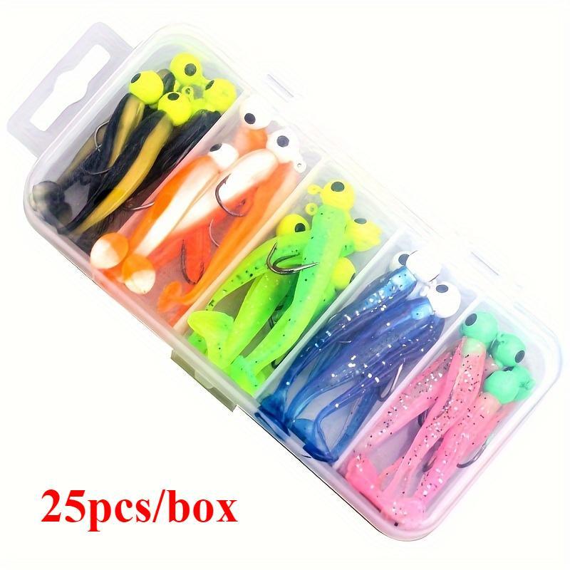 Silicone Fishing Lure Set, 25pcs 50pcs T Type Tail Double Color Fishing Lure with Round Head Hook & Portable Tackle Box, Professional Fishing Accessories