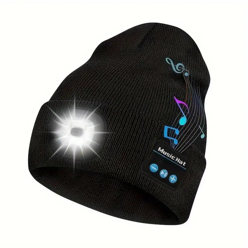 Wireless Bluetooth Beanie Hat with Built-in Headphones & Light, Soft Warm Stylish Upgraded Musical Knitted Cap with Headphone and Built-in Stereo Speakers & Mic, Unisex LED Hat for Running Hiking, for Men Women Dad