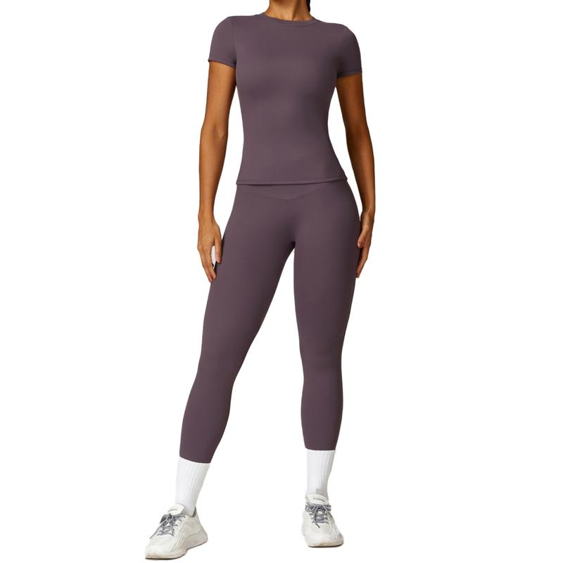 Women's Breathable Nylon Short Sleeve Crop Top and Skinny Leggings Tracksuit Set for Yoga Gymwear Workout in All Seasons