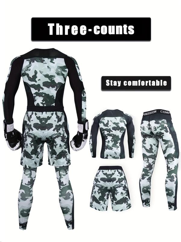 Men's Camo Print Long Sleeve Tee & Pants & Shorts Set, Comfortable Breathable Sports Outfits, Men's Sportswear Set for Gym Workout Running