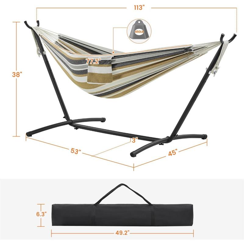 Double Hammock w Stand, 2-People Hammock & Stand Set w Storage Bag & Carrying Bag, Outdoor Indoor Heavy-Duty Portable Hammock