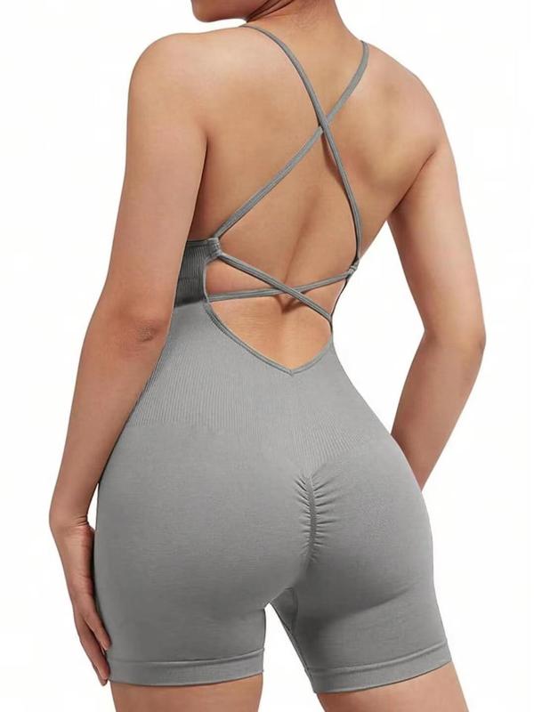 Women's Solid Criss Cross Backless Sports Cami Romper, Adjustable Strap Sleeveless Romper for Yoga Gym Workout, Ladies Sportswear for Summer