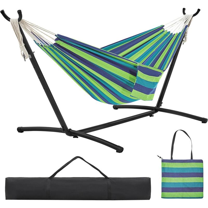 Double Hammock w Stand, 2-People Hammock & Stand Set w Storage Bag & Carrying Bag, Outdoor Indoor Heavy-Duty Portable Hammock