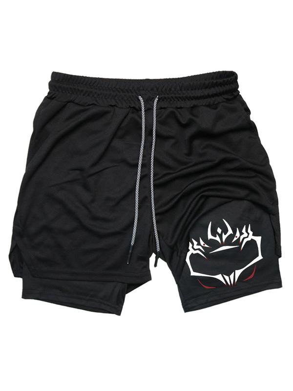 Men's 2 in 1 Drawstring Waist Graphic Sports Shorts, Regular Fit Sporty Breathable Quick Drying Towel Loop Design Pocket Shorts for Gym Workout Running, Men's Sportswear for Summer, Fall Outfits, Fallfreshness Clothes, Gym Clothing, Gym Shorts