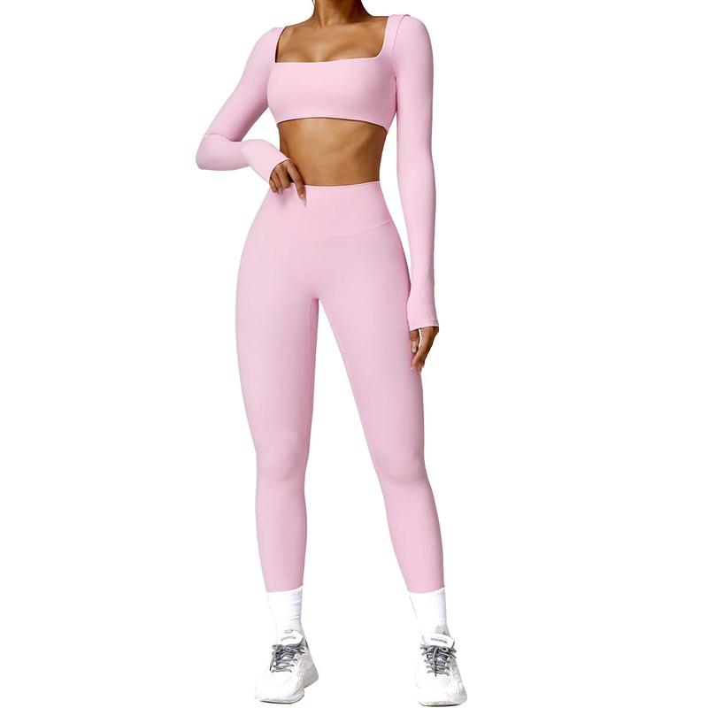 2-Pack Workout Sporty Jumpsuit For Women Built-in Bra Long Sleeve Romper Square Neck Tank Top Gym Yoga Jumpsuit