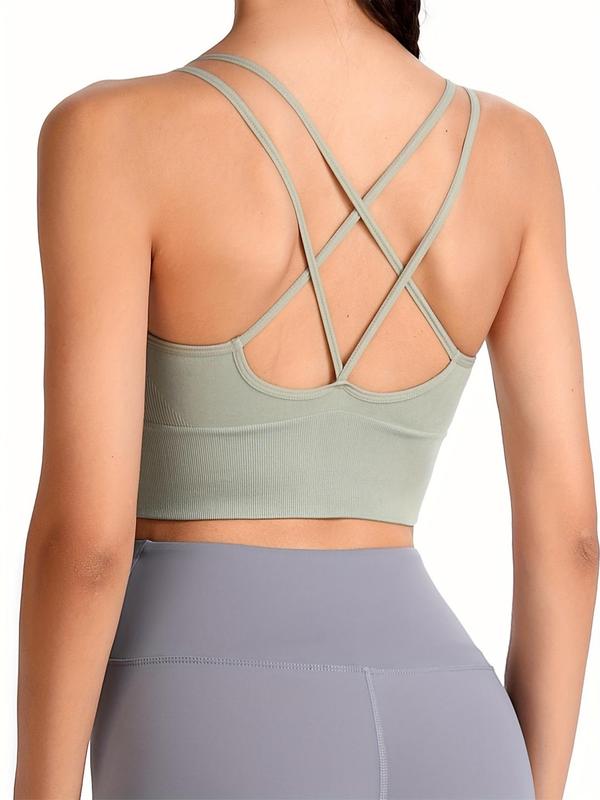 Women's Solid Criss Cross Backless Sports Bra, Breathable Comfortable Wireless Sports Bra, Ladies Sportswear for Indoor Outdoor Wear