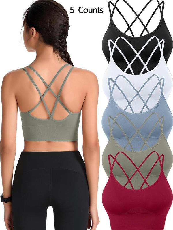 Women's Solid Criss Cross Backless Sports Bra, Breathable Comfortable Wireless Sports Bra, Ladies Sportswear for Indoor Outdoor Wear