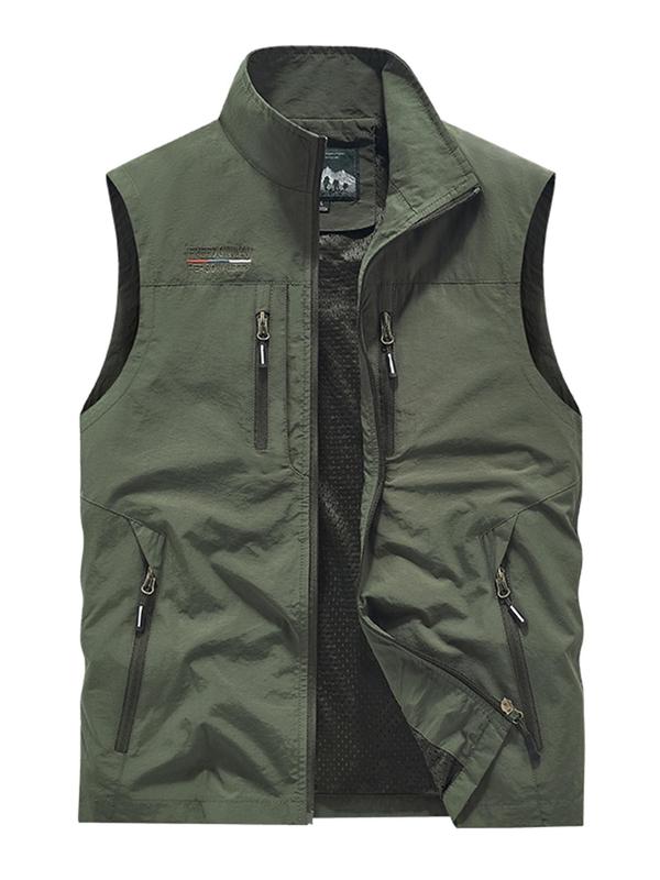 Men's Letter Embroidery Pocket Zipper Sports Vest, Regular Fit Sporty Sleeveless Stand Collar Lightweight Outerwear for Outdoor Activities, Men's Sportswear for Fall & Winter