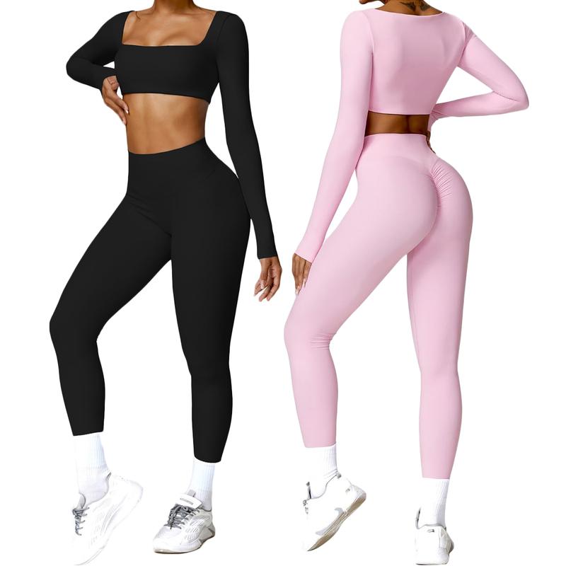 2-Pack Workout Sporty Jumpsuit For Women Built-in Bra Long Sleeve Romper Square Neck Tank Top Gym Yoga Jumpsuit