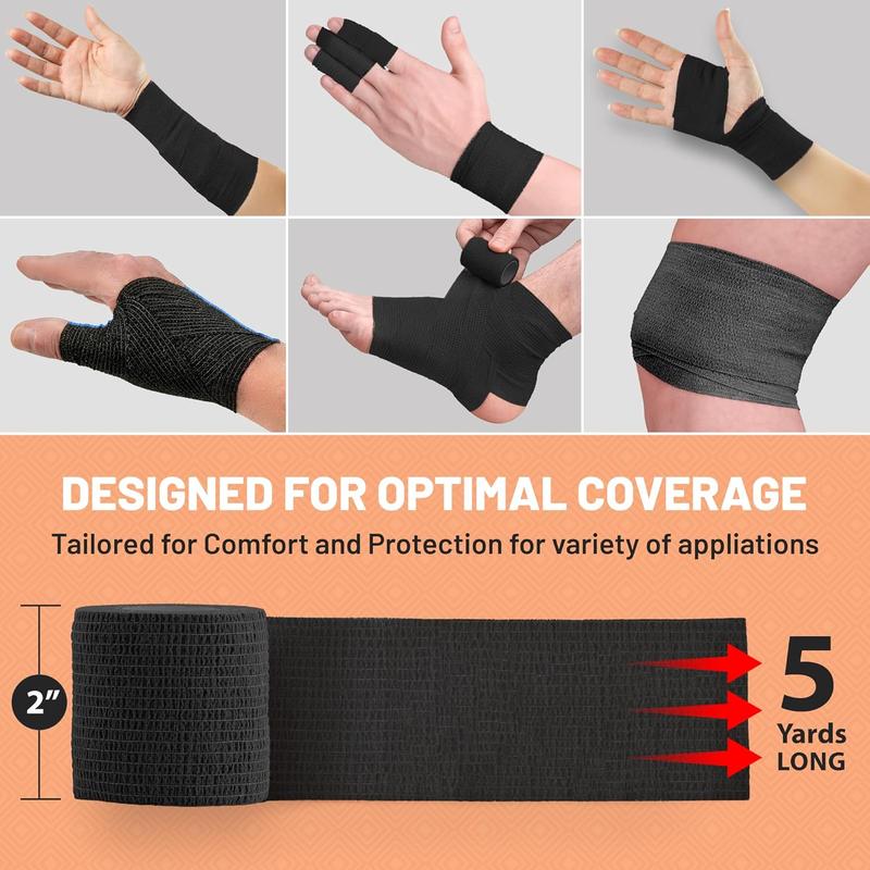 Self-Adherent Cohesive Bandage - 12 Pack Bulk | Black Self-Adhering Medical Wrap | 2