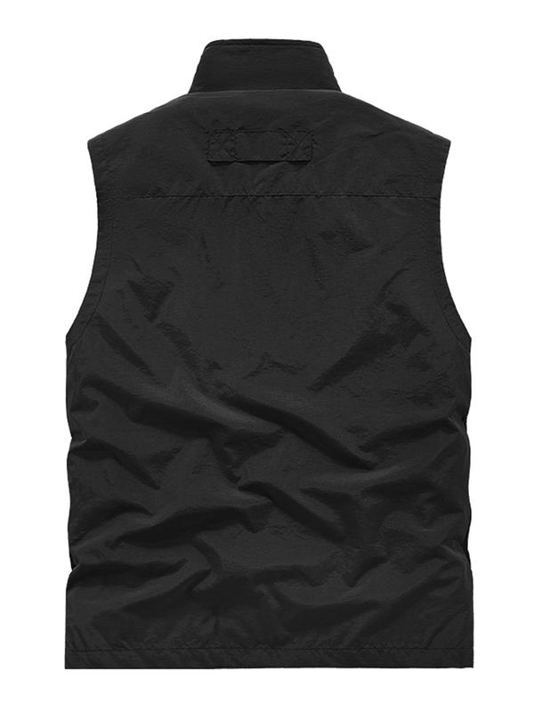 Men's Letter Embroidery Pocket Zipper Sports Vest, Regular Fit Sporty Sleeveless Stand Collar Lightweight Outerwear for Outdoor Activities, Men's Sportswear for Fall & Winter