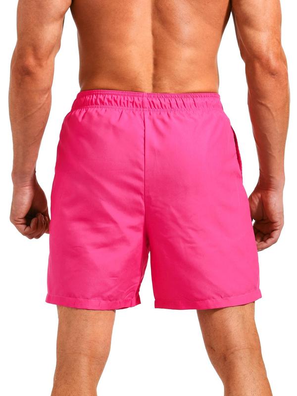 Men Swim Trunks Solid Drawstring Waist Beach Shorts, Regular Fit Casual Pocket Swim Gym Shorts for Summer, Men's Swimwear for Beach Vacation