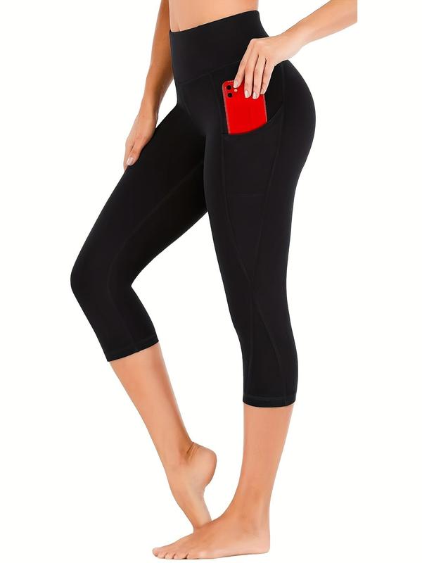 Sporty Women's Solid Color Pocket High Waist Sports Capri Leggings, Breathable Comfortable Tight-Fitting Skinny Capris Pants for Yoga Gym Workout, Ladies Sportswear for All Seasons