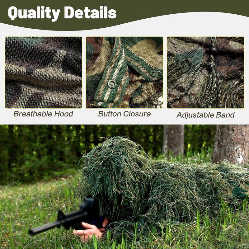 Slsy 5 in 1 Ghillie Suit, 3D Camouflage Hunting Apparel Including Jacket, Pants, Hood, Carry Bag Suitable for Unisex Adults Youth (M L XL XXL)