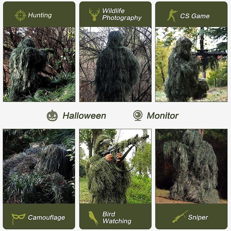 Slsy 5 in 1 Ghillie Suit, 3D Camouflage Hunting Apparel Including Jacket, Pants, Hood, Carry Bag Suitable for Unisex Adults Youth (M L XL XXL)