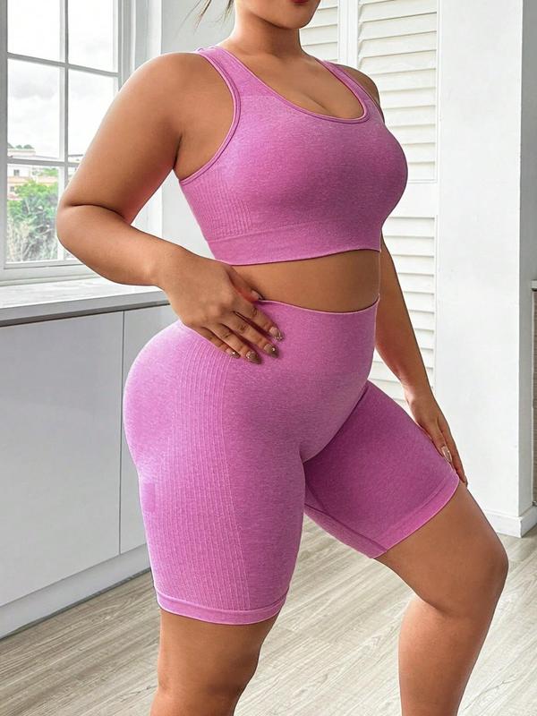 Plus Size Solid Cut Out Crop Tank Top & High Waist Shorts Tracksuit Set, Sporty Sleeveless Top & Skinny Shorts Set for Yoga Gym, Women's Summer Sportswear