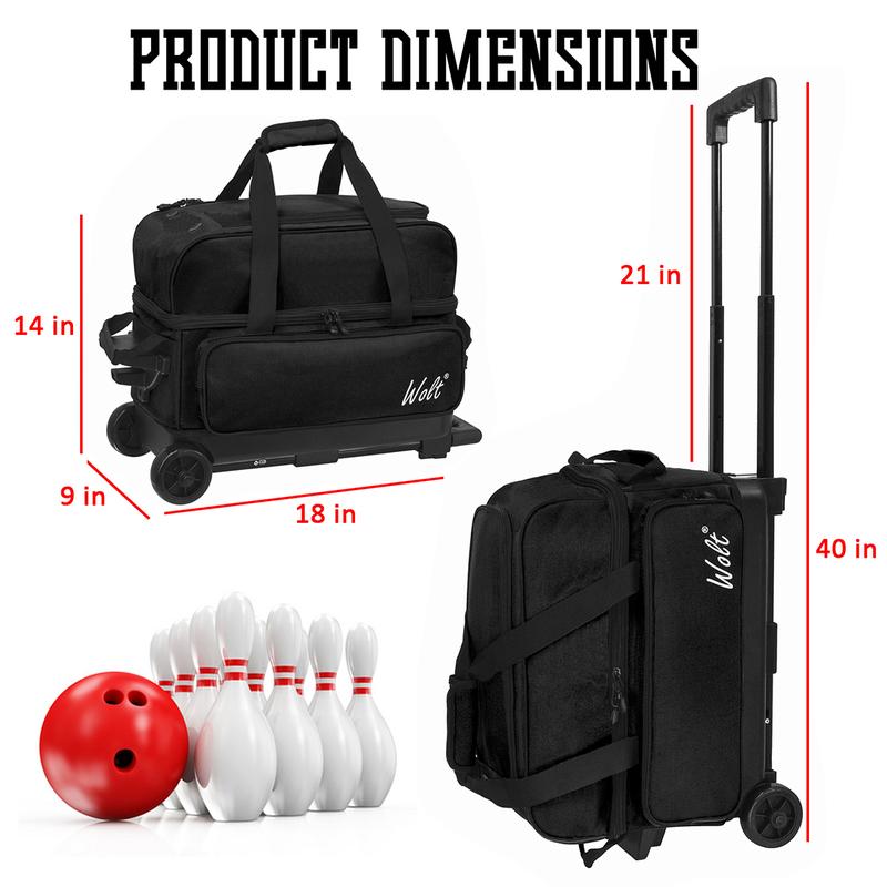 WOLT | Double Roller 2 Ball Bowling Bag with Separate Shoe Compartment, Large Capacity Bowling Ball Bag with Accessory Pocket, Retractable Handle extends to 40