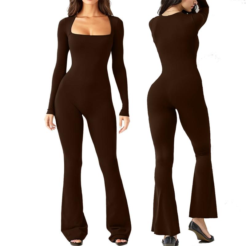 Long Sleeve Bodycon Jumpsuit for Women Square Neck One Piece Yoga Workout  Playsuit Stretchy Flared Bottom Pants Romper Clothes Athletic