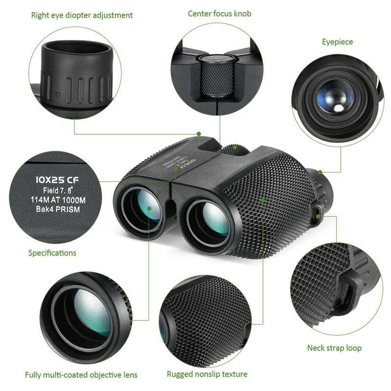 Professional binoculars 10x25 BAK4 prism high magnification portable hunting binoculars