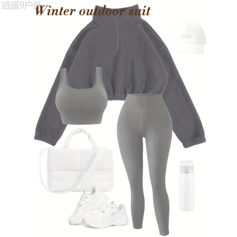 3-Piece Set Soft Knit High-Waisted Sports Outfit for Women, Half-Zip Plush Jacket, Fitness Set for Fall & Winter