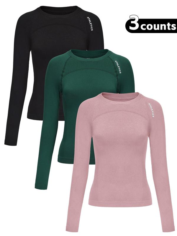 Women's Letter Print Baselayer Top, Long Sleeve Round Neck Compression Top for Yoga Gym Workout, Ladies Sportswear for Fall & Winter