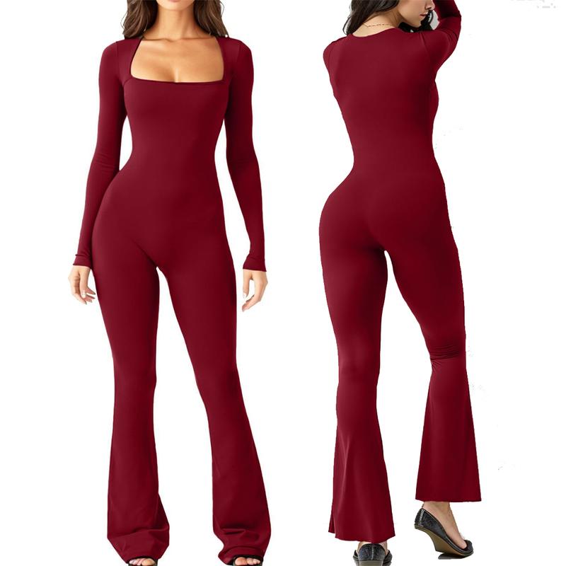 Long Sleeve Bodycon Jumpsuit for Women Square Neck One Piece Yoga Workout  Playsuit Stretchy Flared Bottom Pants Romper Clothes Athletic