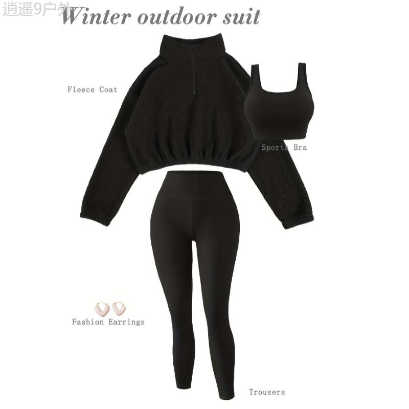 3-Piece Set Soft Knit High-Waisted Sports Outfit for Women, Half-Zip Plush Jacket, Fitness Set for Fall & Winter