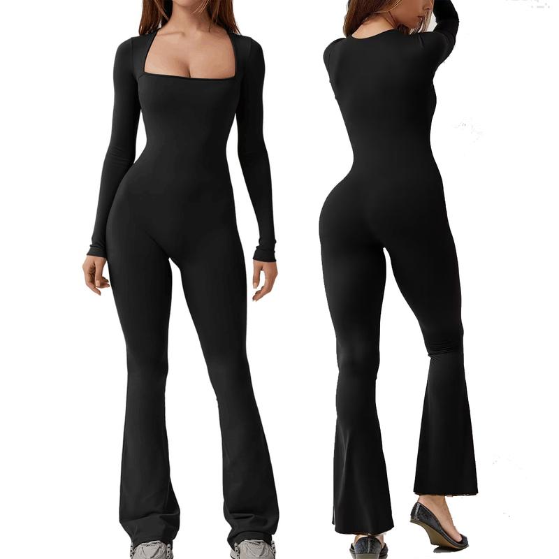 Long Sleeve Bodycon Jumpsuit for Women Square Neck One Piece Yoga Workout  Playsuit Stretchy Flared Bottom Pants Romper Clothes Athletic