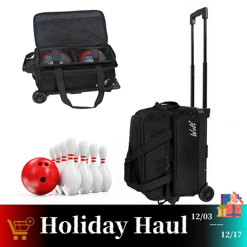 WOLT | Double Roller 2 Ball Bowling Bag with Separate Shoe Compartment, Large Capacity Bowling Ball Bag with Accessory Pocket, Retractable Handle extends to 40