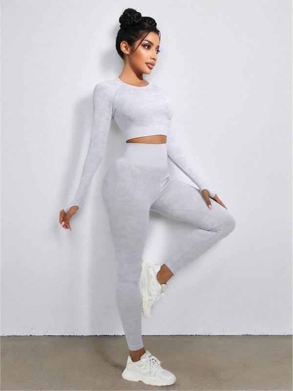 2 4 Pieces Women's Cut Out Tee & Hip Lifting Sports Leggings Workout Set, Long Sleeve Top & Skinny Pants Tracksuits Set for Yoga Gym, Chav Sets, Two-piece Sets Tracksuits, Sweatsuits, Women's Sports Outfits for Fall 2024, Minimalistic Outfit