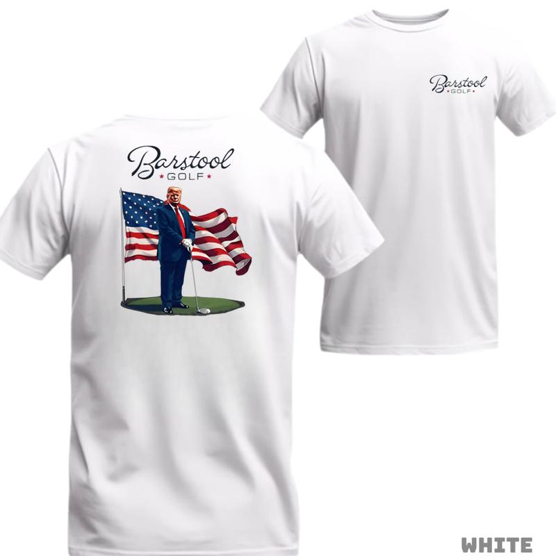 Barstool Golf T-Shirt - Patriotic Graphic with Golf and American Flag, suitable for golf enthusiasts, casual and comfortable T-shirt, ideal for daily wear. Unisex.