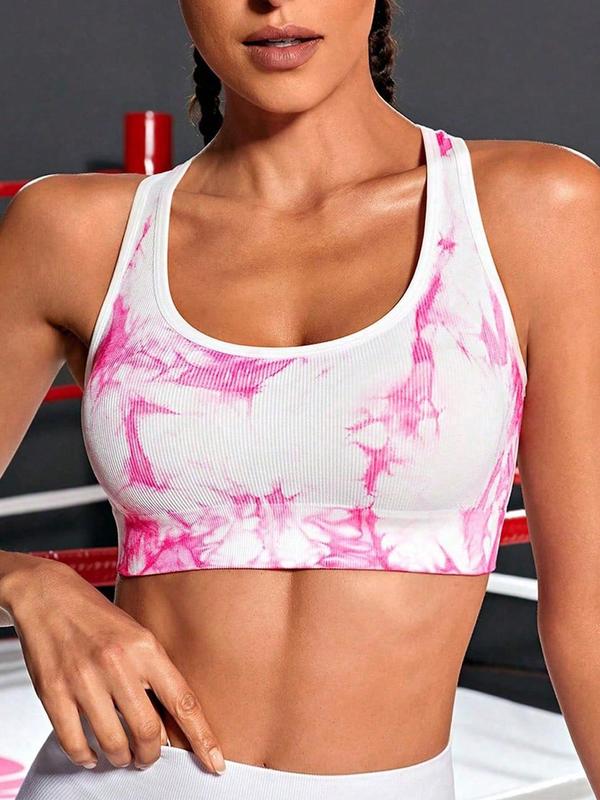 Women's Tie Dye Print Criss Cross Backless Sports Vest, Fall Outfits, Back To School Scoop Neck Seamless Sports Top Fall, Weighted Vest, Fall Outfits, Ladies Sportswear for Running Gym Workout, Running Vest