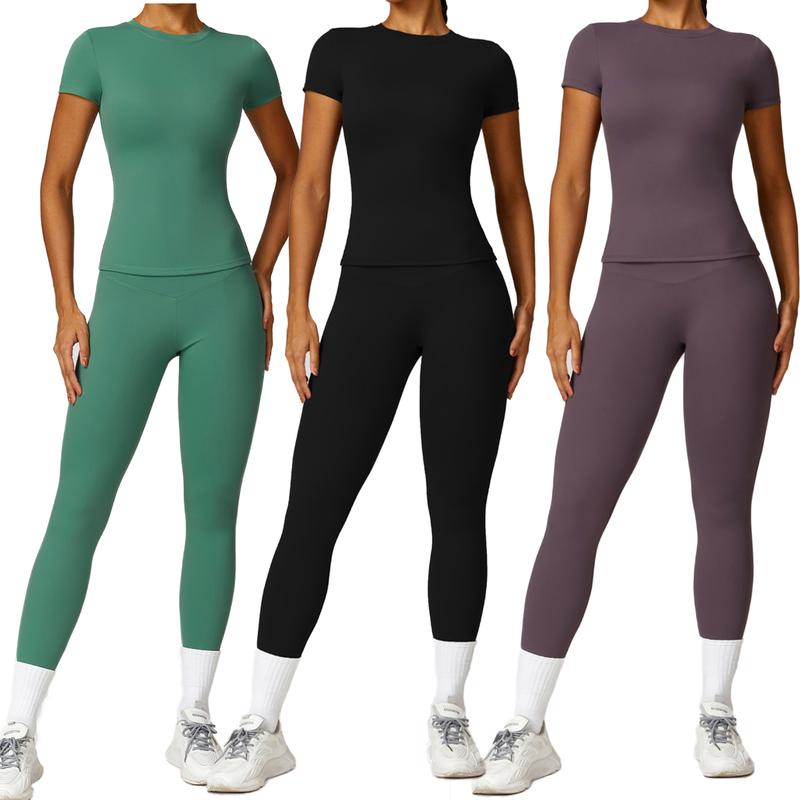 Women's Slimming Yoga Set Gym Exercise Clothing Fitness Short Sleeved Top Clothing Outdoor Running And Cycling High Waisted Leggings Set