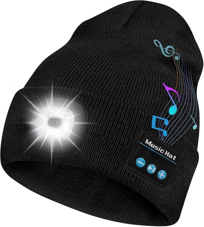 Bluetooth Beanie with LED Headlight and Removable Speakers,Knit warm winter Hat for Music and Calling,sport,outdoor,Unisex Christmas Birthday Gift