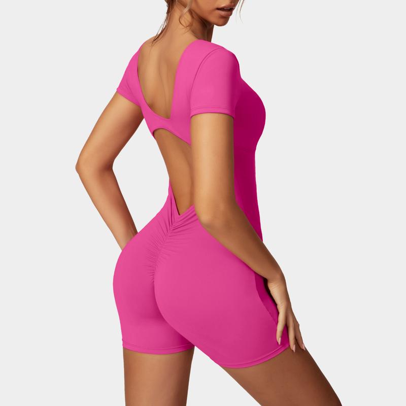 OEAK V Neck Short Sleeve Jumpsuit Women Yoga Rompers Workout Sexy V Waist Scrunch Tummy Control Bodycon Scrunch Butt Yoga Romper