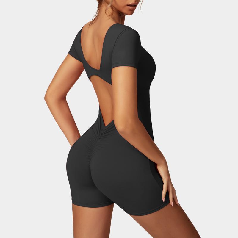 OEAK V Neck Short Sleeve Jumpsuit Women Yoga Rompers Workout Sexy V Waist Scrunch Tummy Control Bodycon Scrunch Butt Yoga Romper