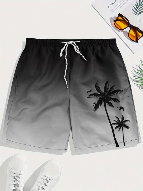 Men Swim Trunks Regular Fit Ombre Coconut Tree Print Drawstring Waist Beach Shorts, Casual Pocket Beach Gym Shorts, Summer Beach Shorts for Men