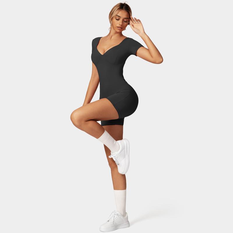 OEAK V Neck Short Sleeve Jumpsuit Women Yoga Rompers Workout Sexy V Waist Scrunch Tummy Control Bodycon Scrunch Butt Yoga Romper