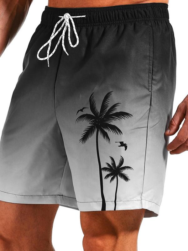 Men Swim Trunks Regular Fit Ombre Coconut Tree Print Drawstring Waist Beach Shorts, Casual Pocket Beach Gym Shorts, Summer Beach Shorts for Men