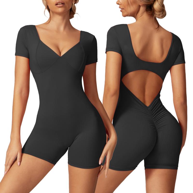 OEAK V Neck Short Sleeve Jumpsuit Women Yoga Rompers Workout Sexy V Waist Scrunch Tummy Control Bodycon Scrunch Butt Yoga Romper